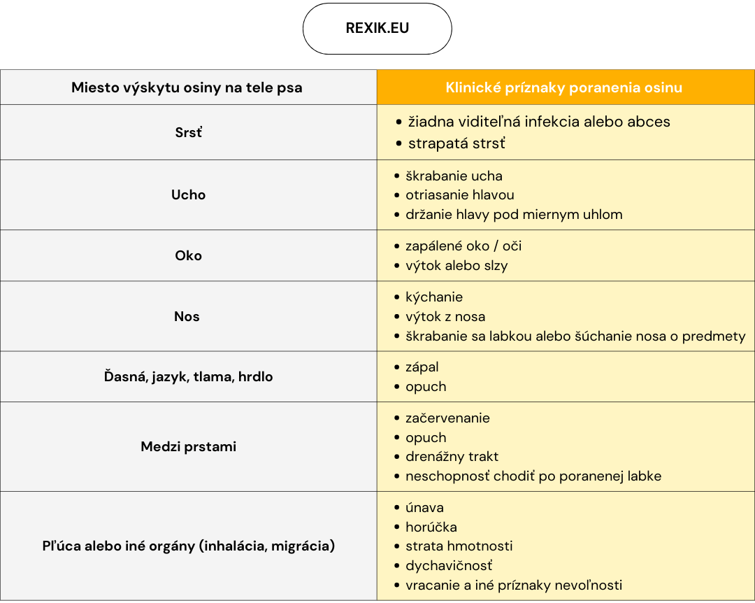 osina u psa tabulka